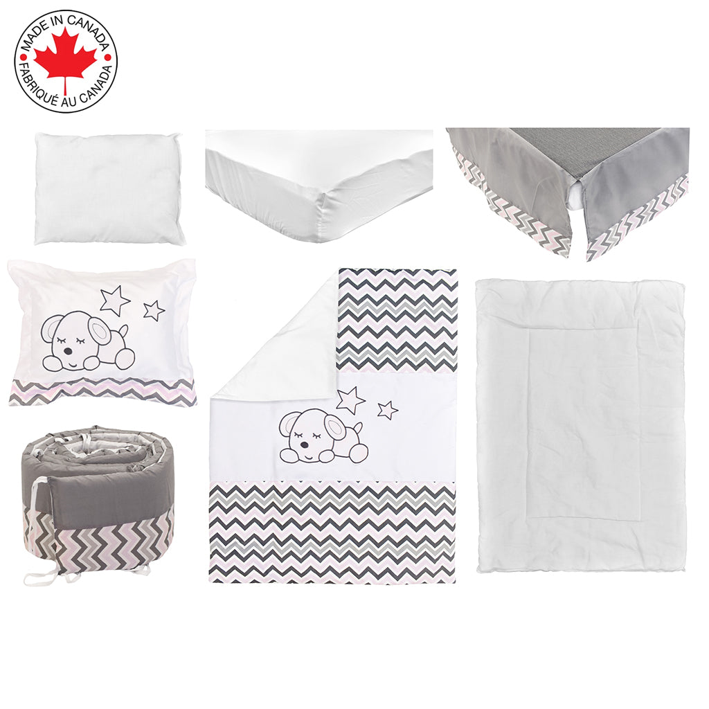 Ensemble de Literie Pour bébé 7 Moceaux Motif Chiot Blanc ZigZag