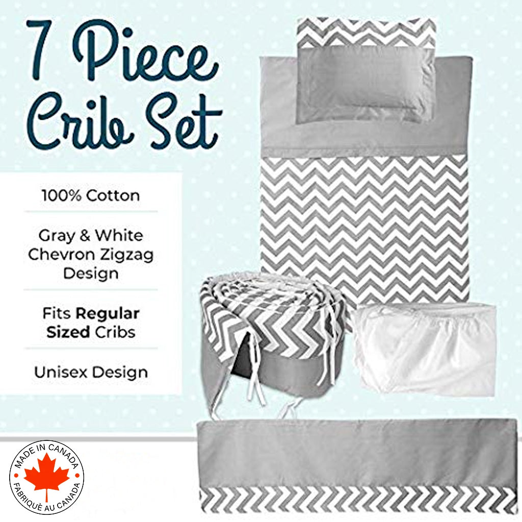 Ensemble de Literie Pour bébé 7 Moceaux Motif ZigZag Gris Et Blanc