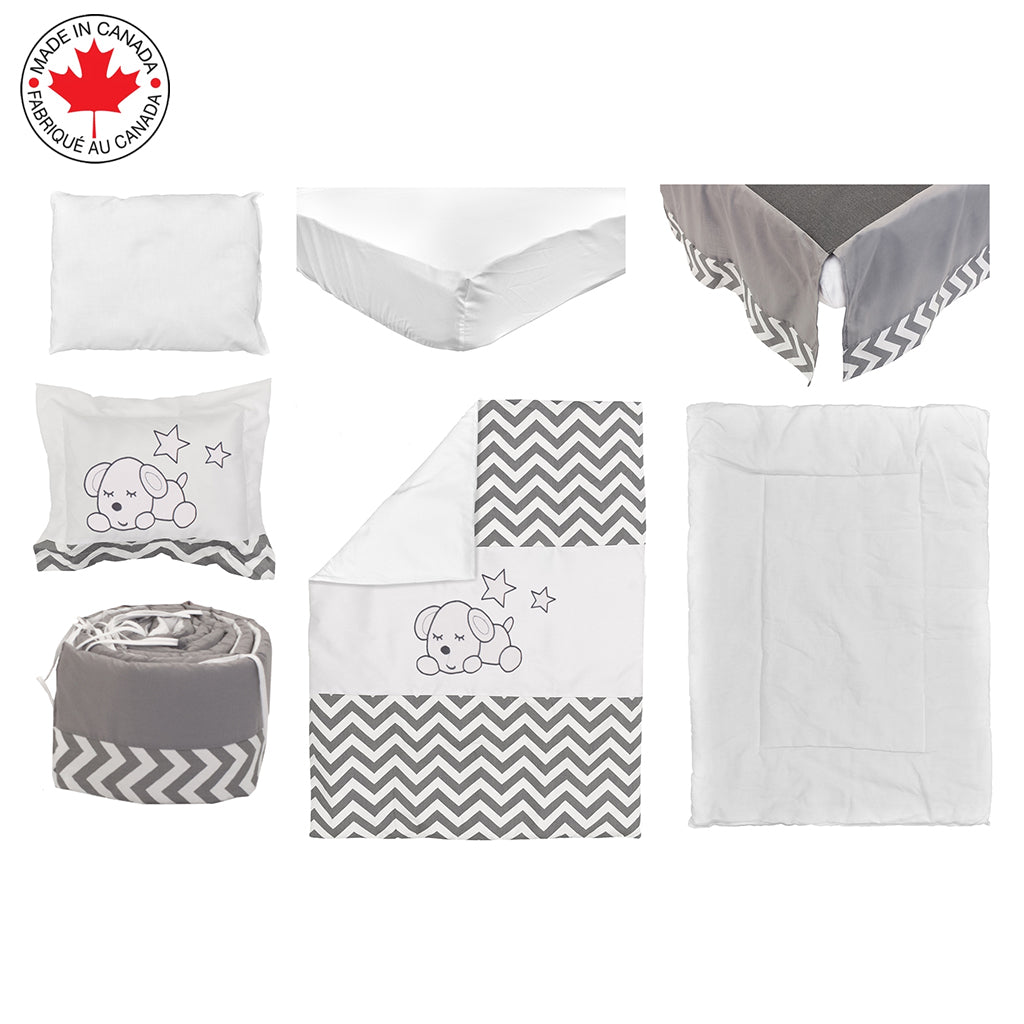 Ensemble de Literie Pour bébé 8 Moceaux Motif Chiot Blanc Zig-Zag